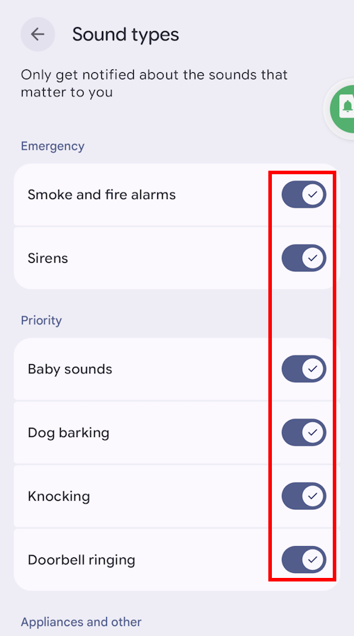 Tap the toggle switches to select or deselect specific sounds